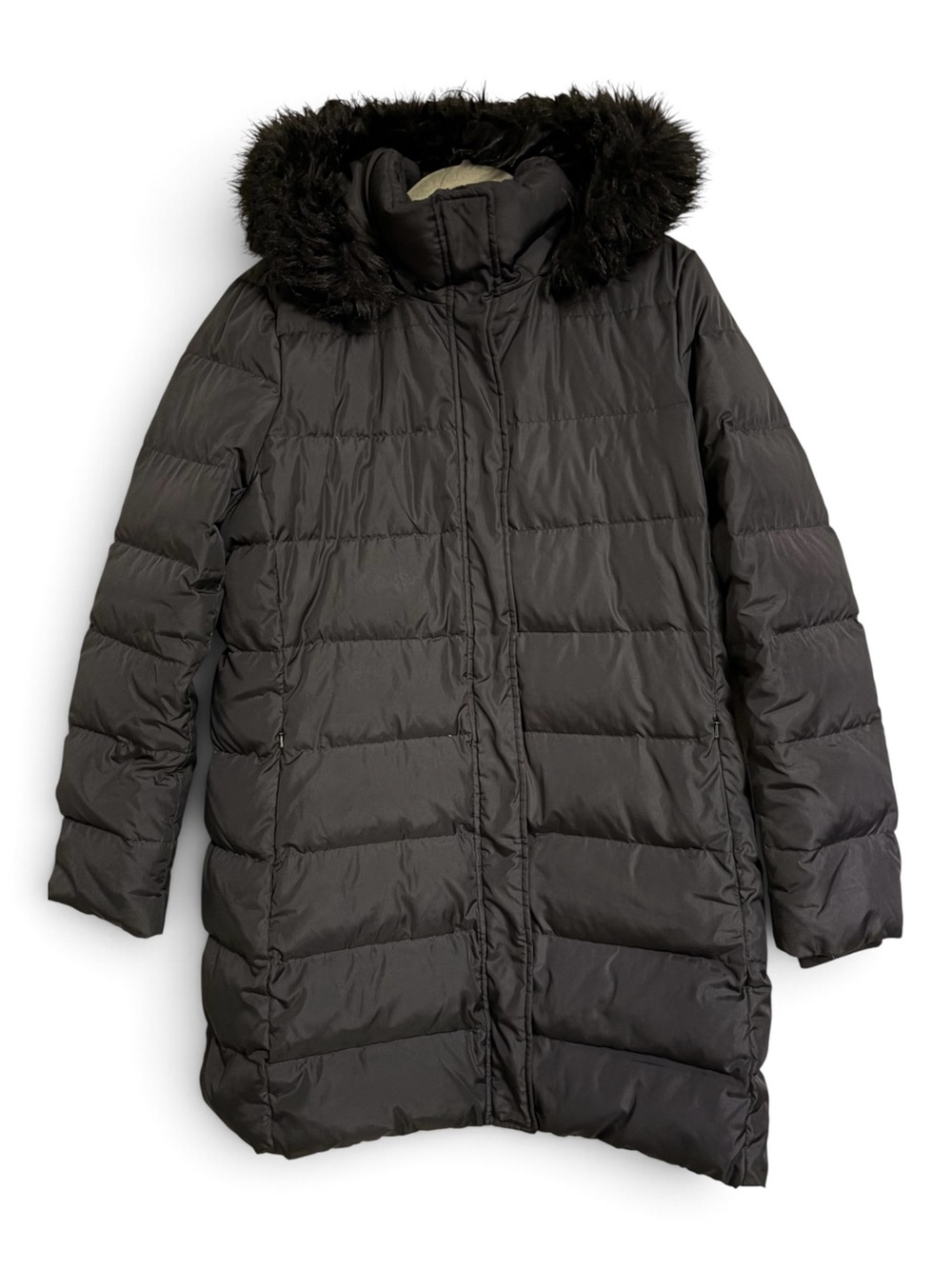 Lands' End Down Long Quilted Puffer with Faux-Fur Detachable Hood- woman’s L